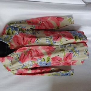 MAREN JACKET, Stretch, khaki with blue & pink flowers, longer style, women's Med
